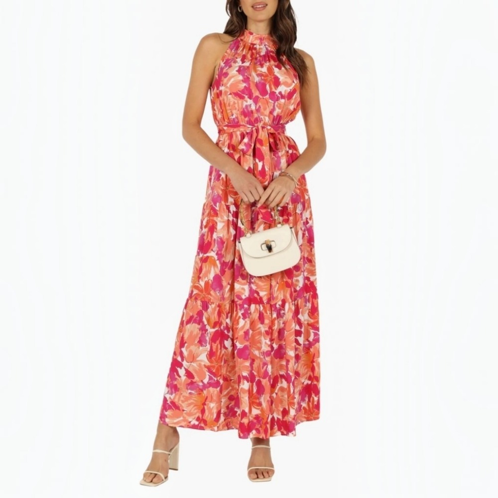 Petal + Pup Floral Halter Maxi Dress Womens L Pink Orange Tiered Boho Wedding